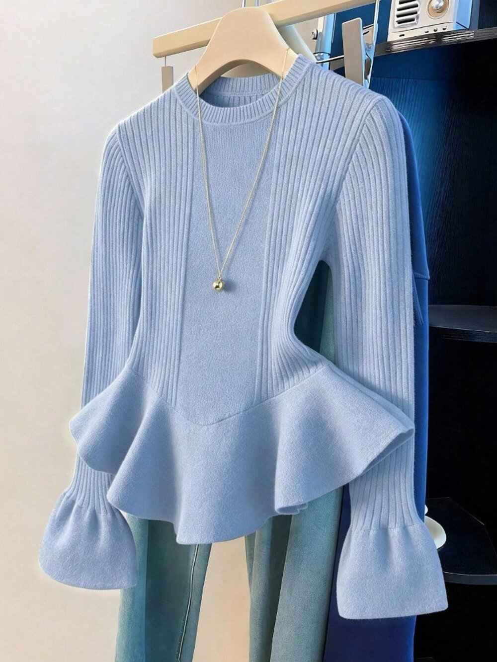 Sky Blue Casual Women's Round Neck Bell Sleeve Ruffle Hem Sweater